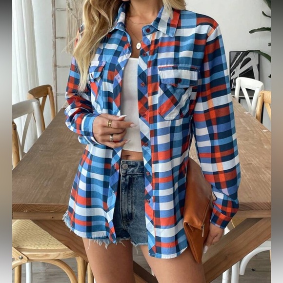 New Plaid Button-Up Shirt - Blue and Orange - Picture 3 of 5